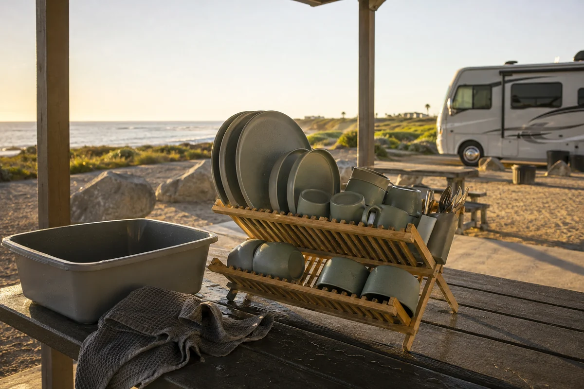 Coastal Camping Dinnerware Cleaning Scenario Camping dinnerware drying after cleaning at a coastal RV campsite