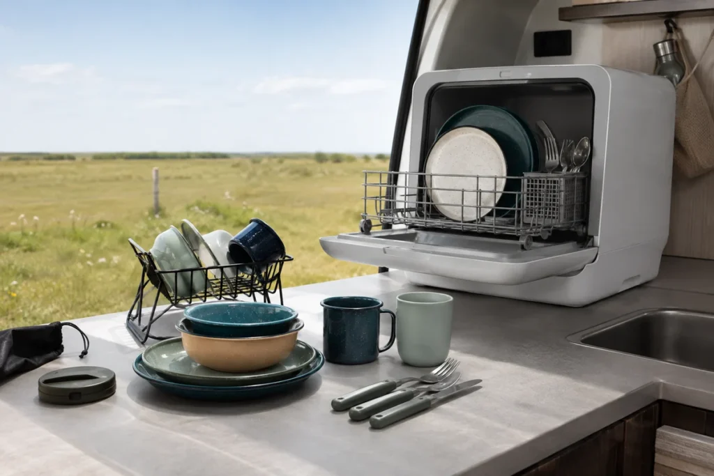 Camping dinnerware dishwasher safe review at an open grassland caravan wash station