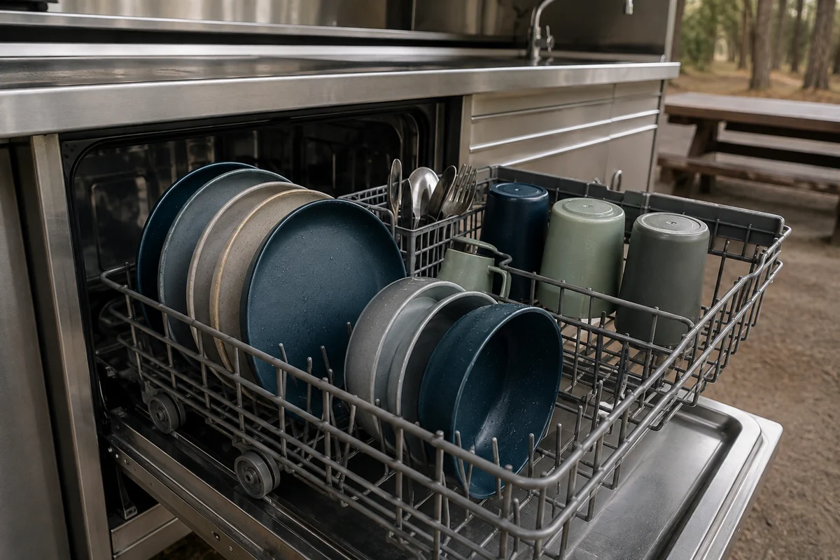 Camping Dinnerware Dishwasher Loading Review Camping dinnerware dishwasher safe loading arrangement in an outdoor service kitchen