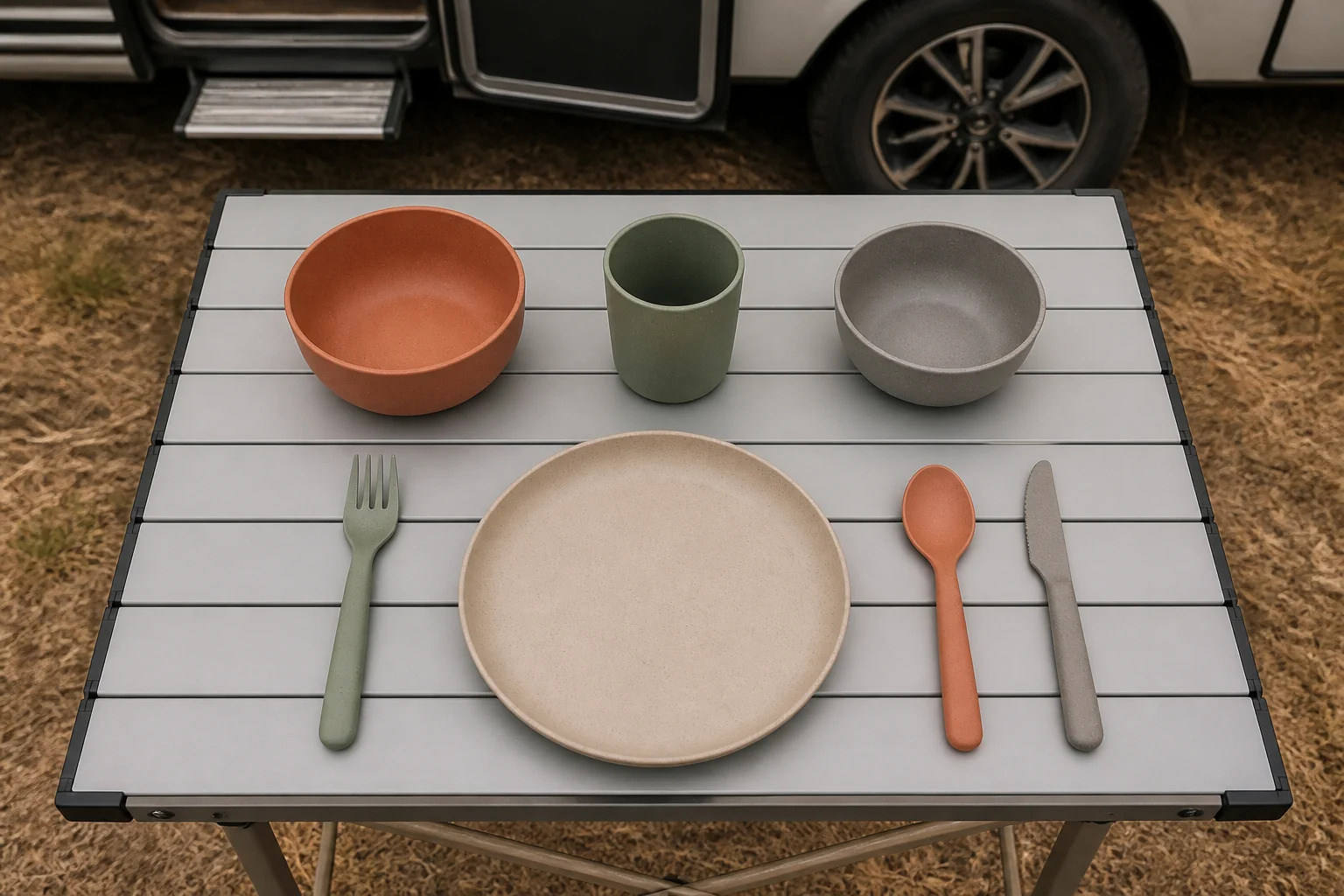 Camping plate with candidate bowl cup and cutlery modules beside an RV
