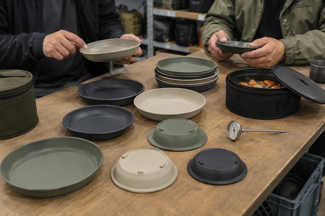 Buyers reviewing camping plate rims nesting profiles and hot-food use conditions