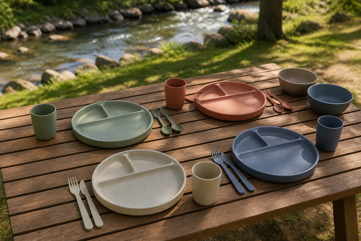 Four-user camping plate architecture concept at a riverside picnic