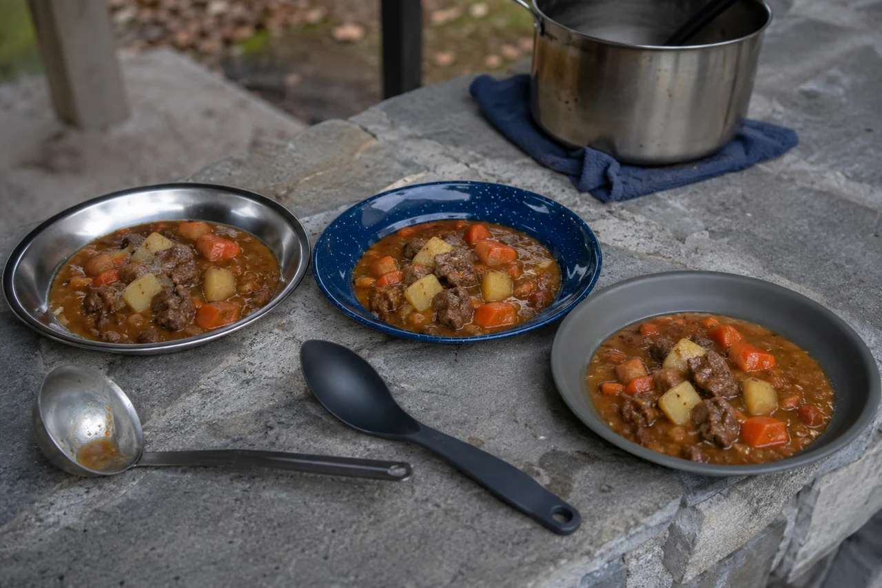 Stainless steel enamel and polymer camping plates with hot stew