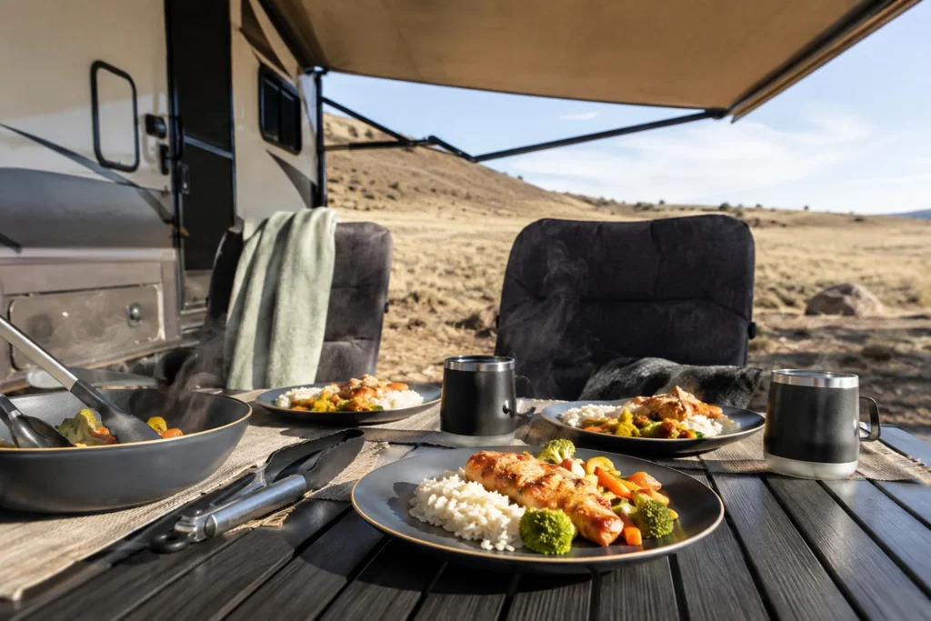 Camping plates hot food safety review at a dryland RV campsite