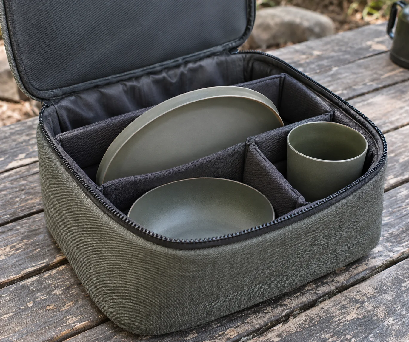 Concept close-up of plate, bowl and cup positioned in a divided soft carry case for interface review