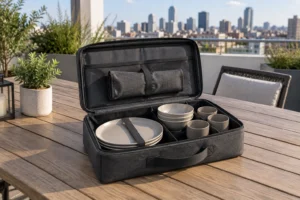 Camping dinnerware carry case opening concept on an urban rooftop table with plates bowls cups and closed cutlery roll