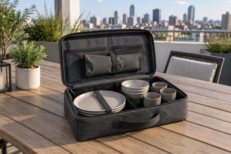 Camping dinnerware carry case opening concept on an urban rooftop table with plates bowls cups and closed cutlery roll