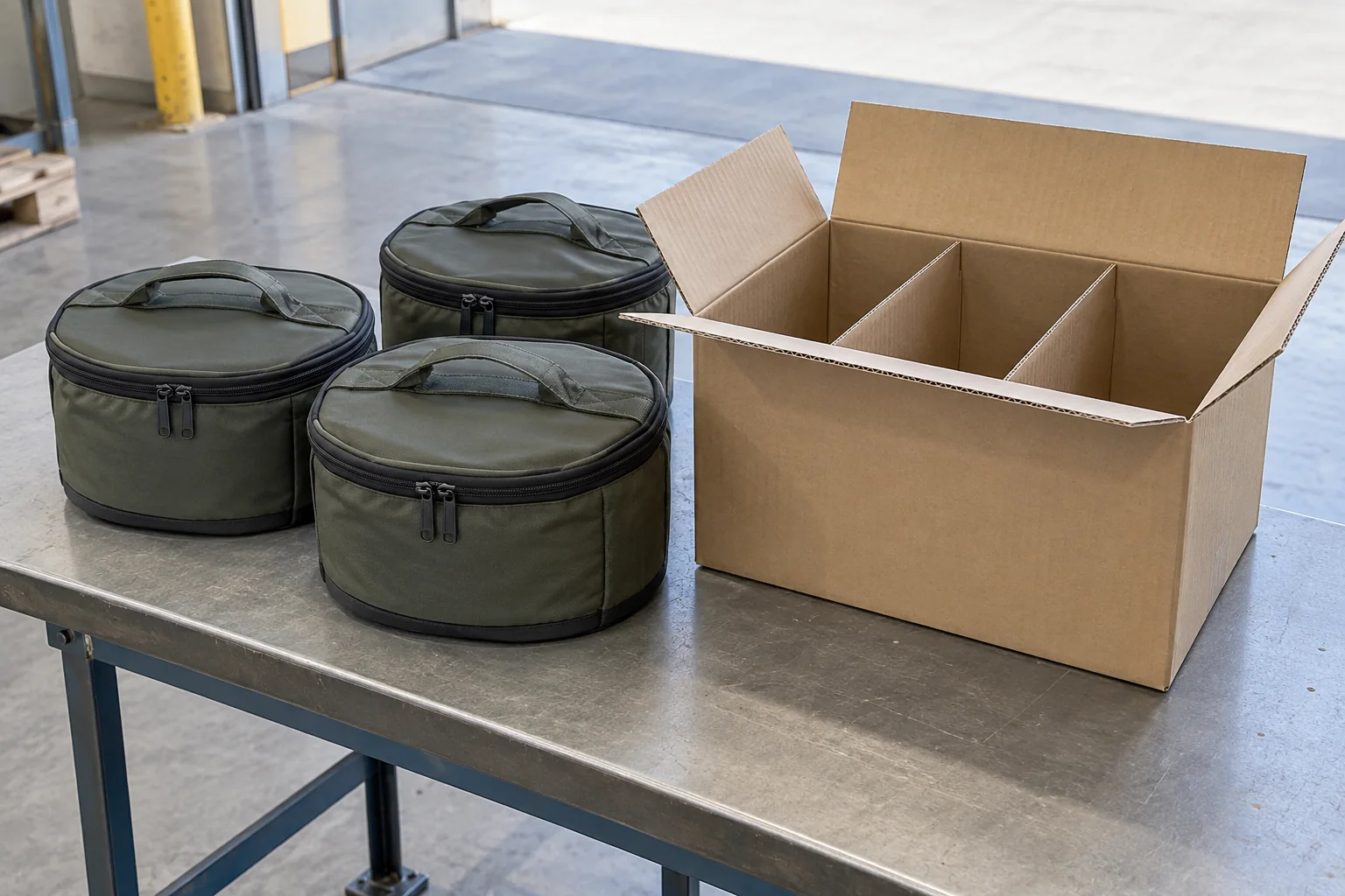 Three camping dinnerware carry cases beside a divided master carton