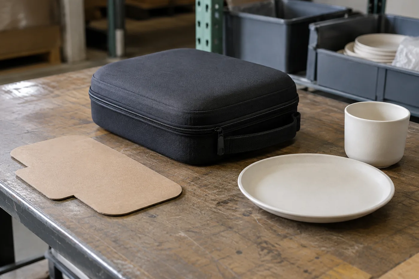 Concept closed carry case beside separate plate and cup samples on a review bench