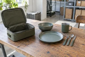 Camping dinnerware case fit concept: empty carry case beside existing plate bowl cup and cutlery; fit has not been verified