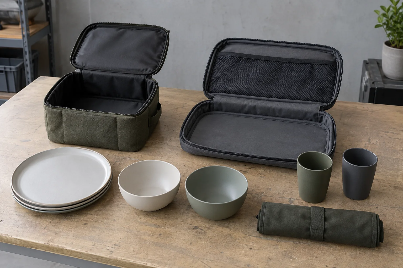 Carry-case opening sample comparison Two empty camping dinnerware carry cases with different opening geometries beside sample plates bowls cups and a closed cutlery roll