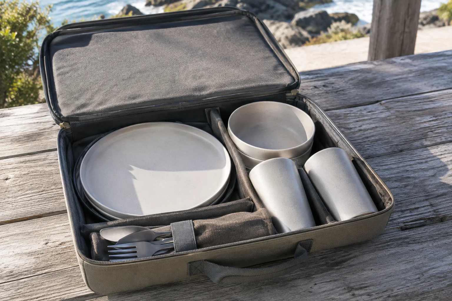 Core-set carry case pack-out concept Concept divided carry case containing plates bowls cups and cutlery for a camping dinnerware pack-out review