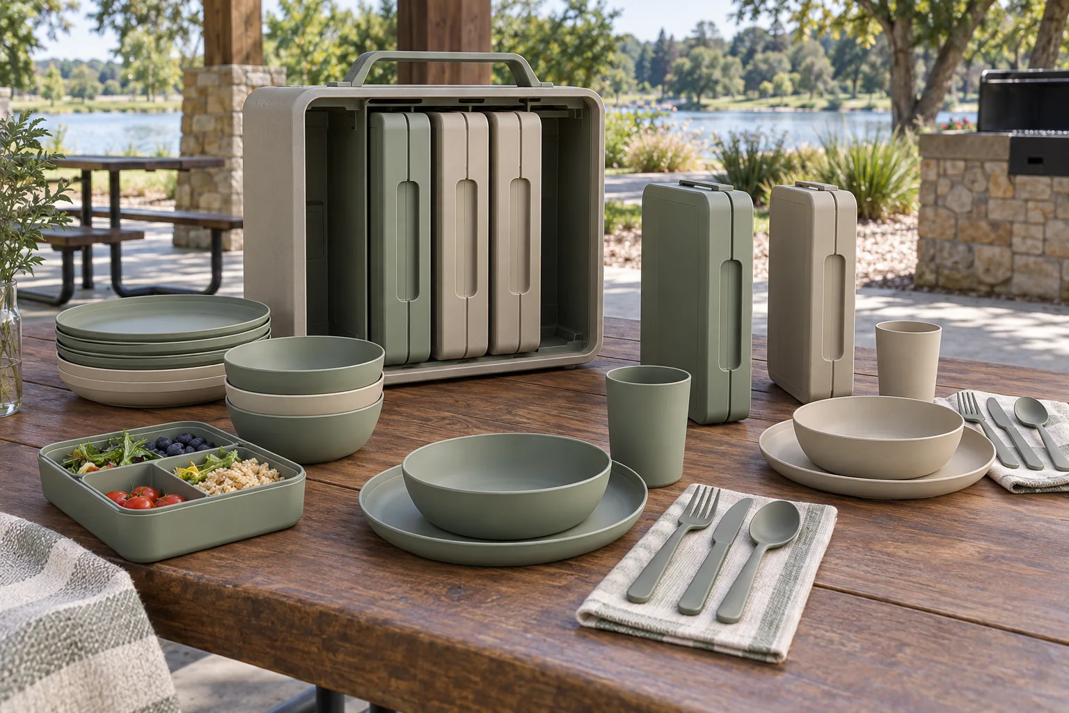 Cassette-slot park application concept Cassette-slot camping dinnerware set opened with removable modules and place settings at a park pavilion