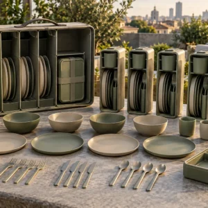 Cassette-slot camping set with carry case four removable place-setting modules and lunch box on a terrace
