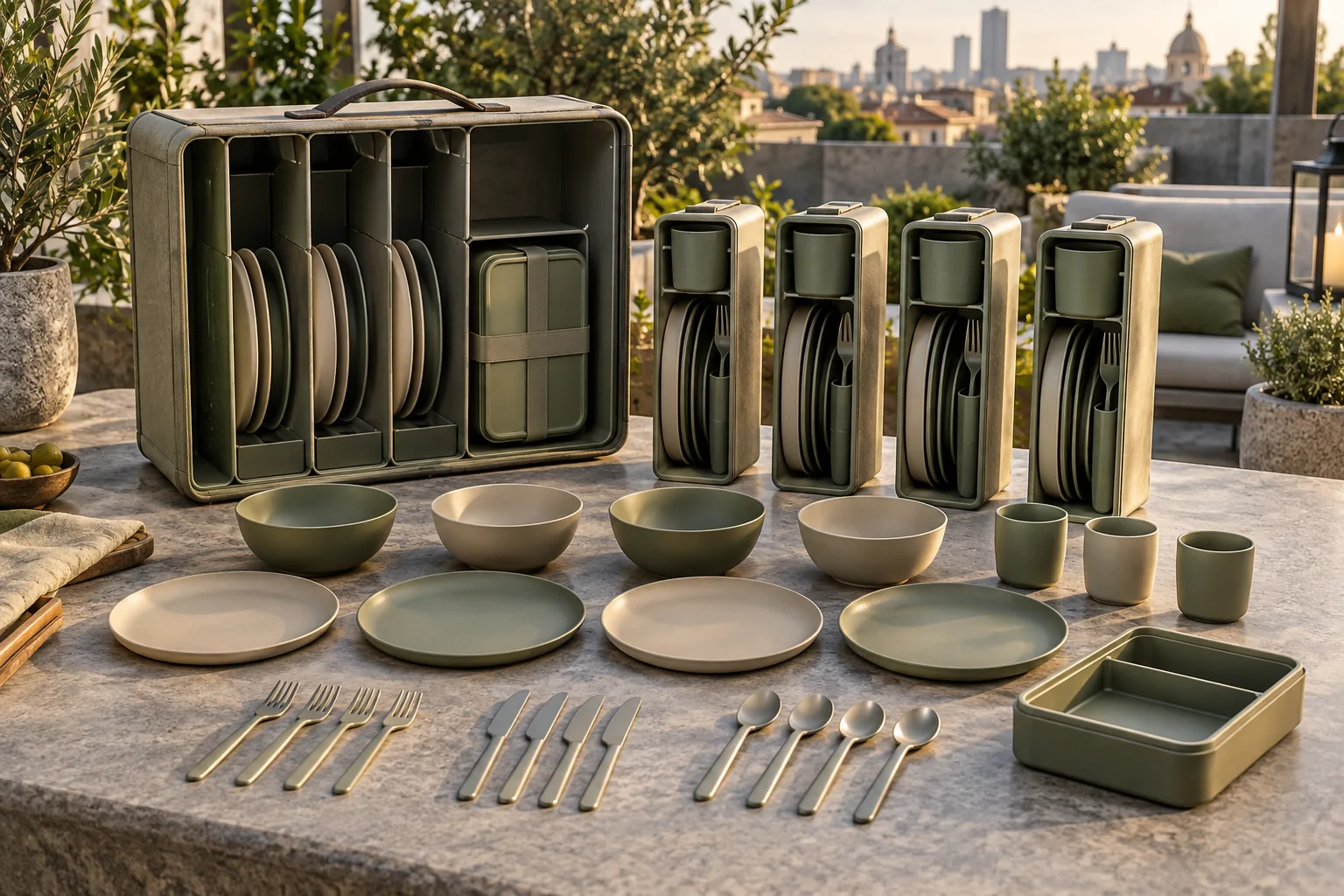 Cassette-slot camping set with carry case four removable place-setting modules and lunch box on a terrace