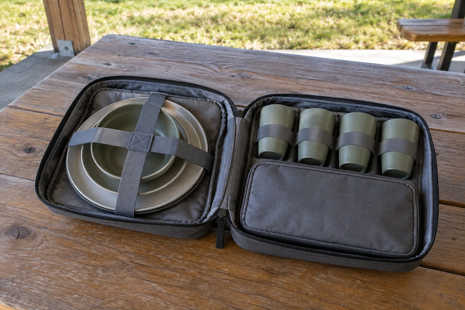Clamshell carry-case open-footprint review Clamshell camping dinnerware case opened flat on a picnic shelter table for footprint and component-access review