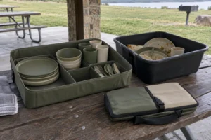 Outdoor dinnerware handling station with clean pieces in an organized tray and used pieces isolated in a dark return tub