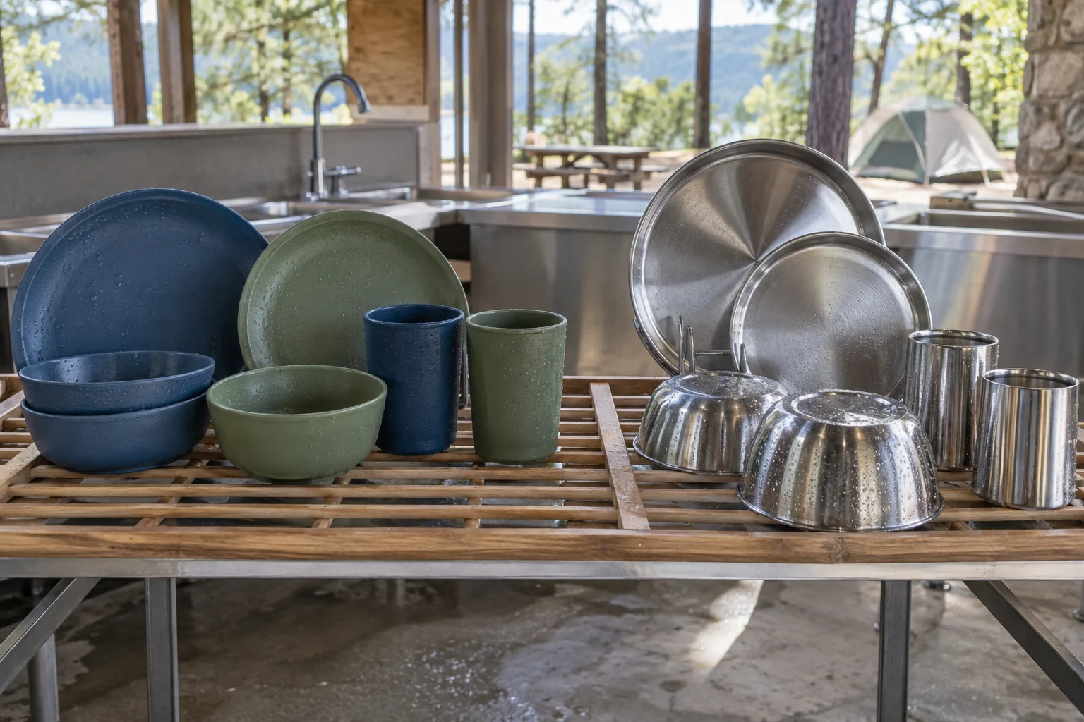 Camping Dinnerware Cleaning Comparison PP and stainless steel plates bowls and cups drying at a campground wash station