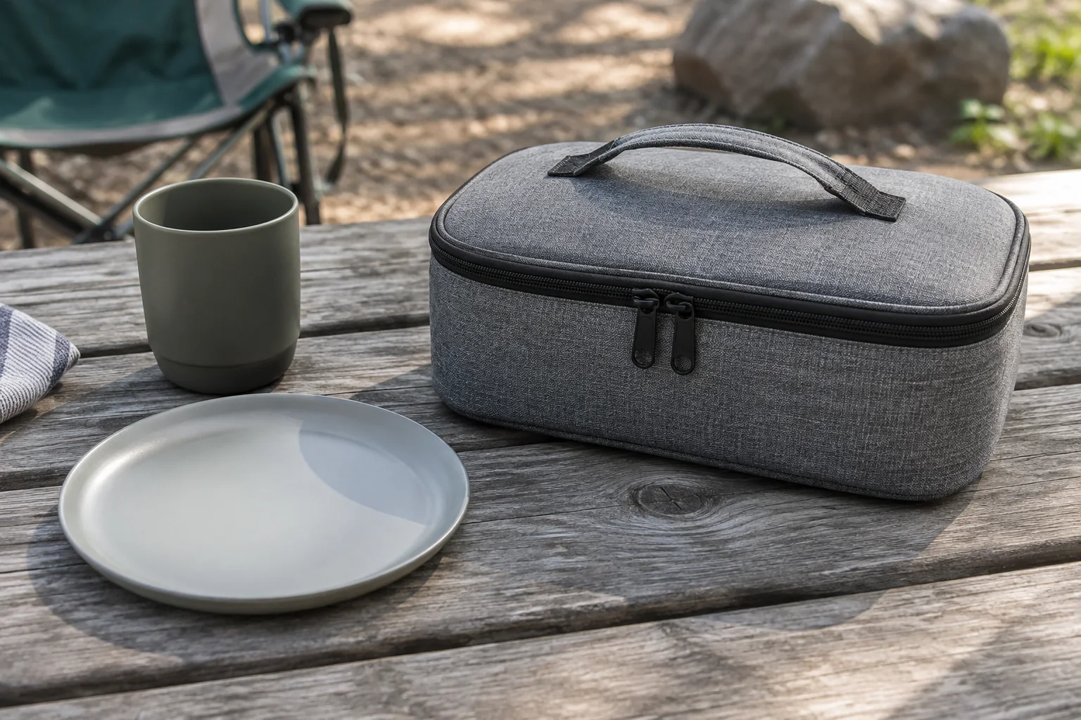 Final case closure review concept Concept closed padded dinnerware case with separate plate and cup samples on a picnic bench for closure-review discussion
