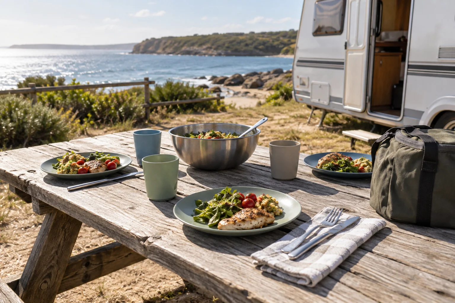 Mixed Material Camping Set Application Camping dinnerware with separate material roles at a coastal caravan picnic table