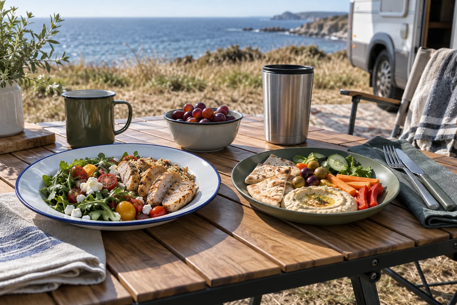 Camping Plates in a Coastal Retail Use Scenario Enamel and PP camping plates used at a coastal caravan table