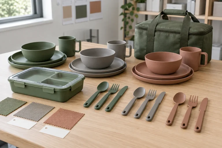 Portable camping dinnerware set in moss warm gray and muted clay with matching case fabric swatches on a procurement review table