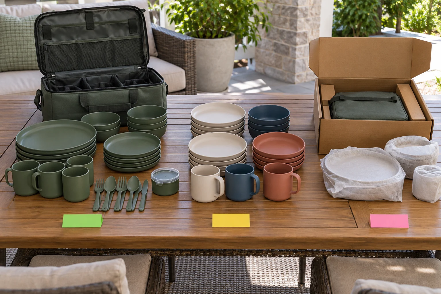Multi-substrate color approval record Portable dinnerware set grouped with blank tabs for approved references open color questions and packaging coordination