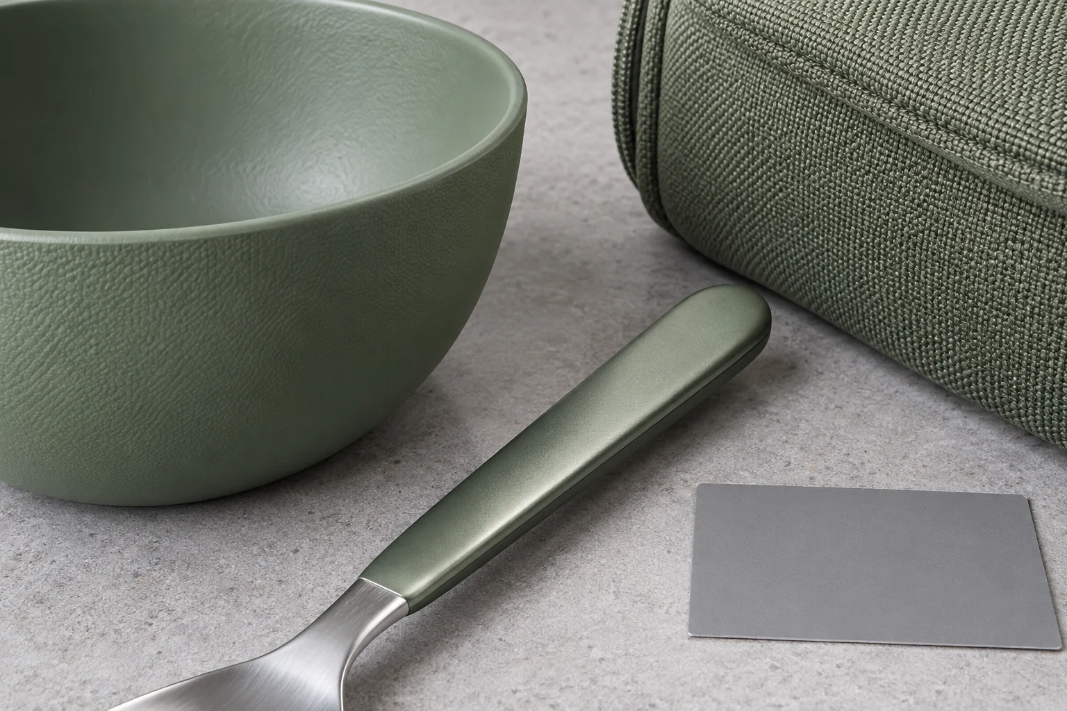 Color appearance across three substrates Close comparison of muted green on a textured bowl satin utensil handle and woven carry case fabric