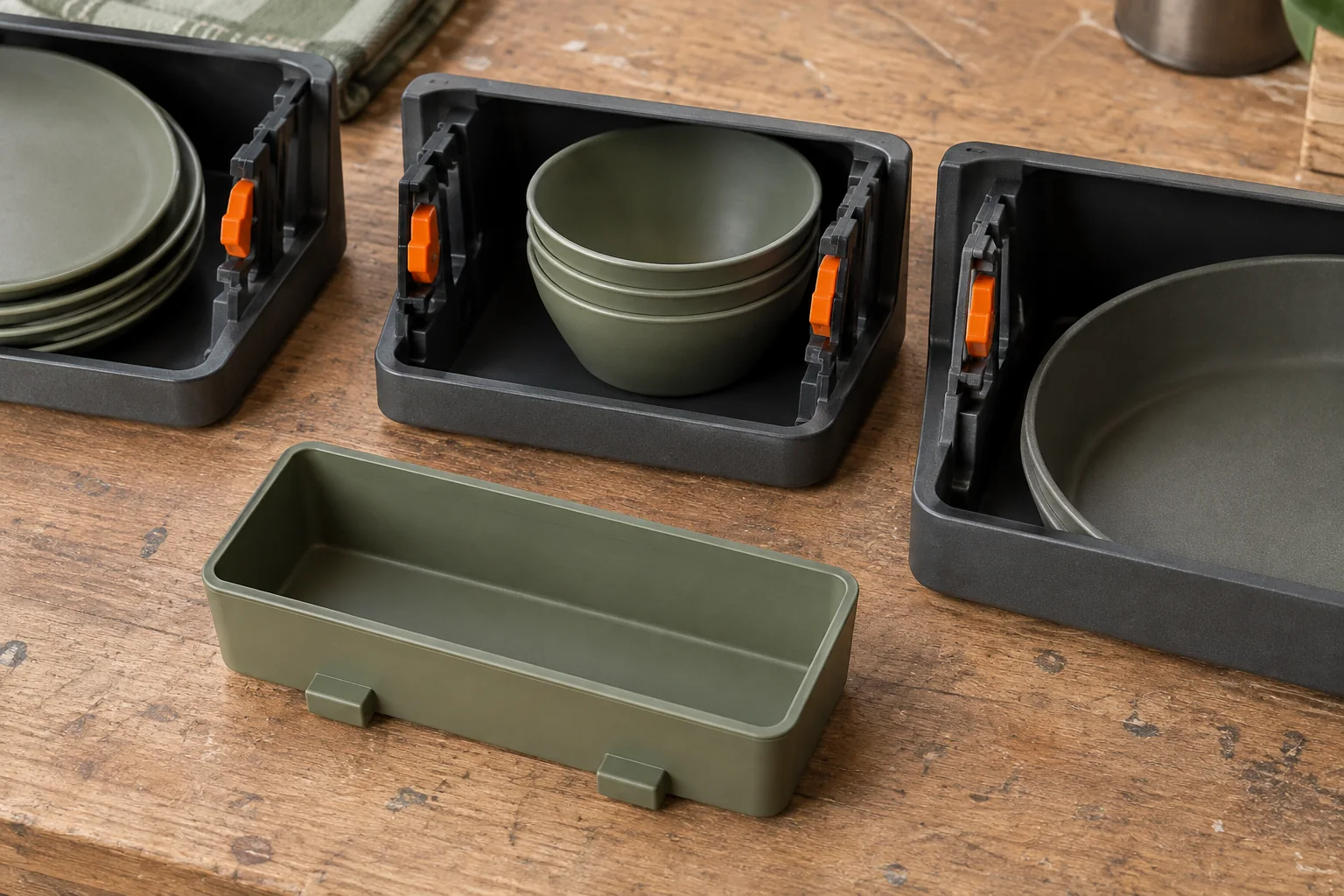 Common camping set interface detail with one removable olive module and three charcoal receiving rail sections