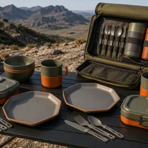 Compact duo camping meal set with carry bag on a rocky plateau