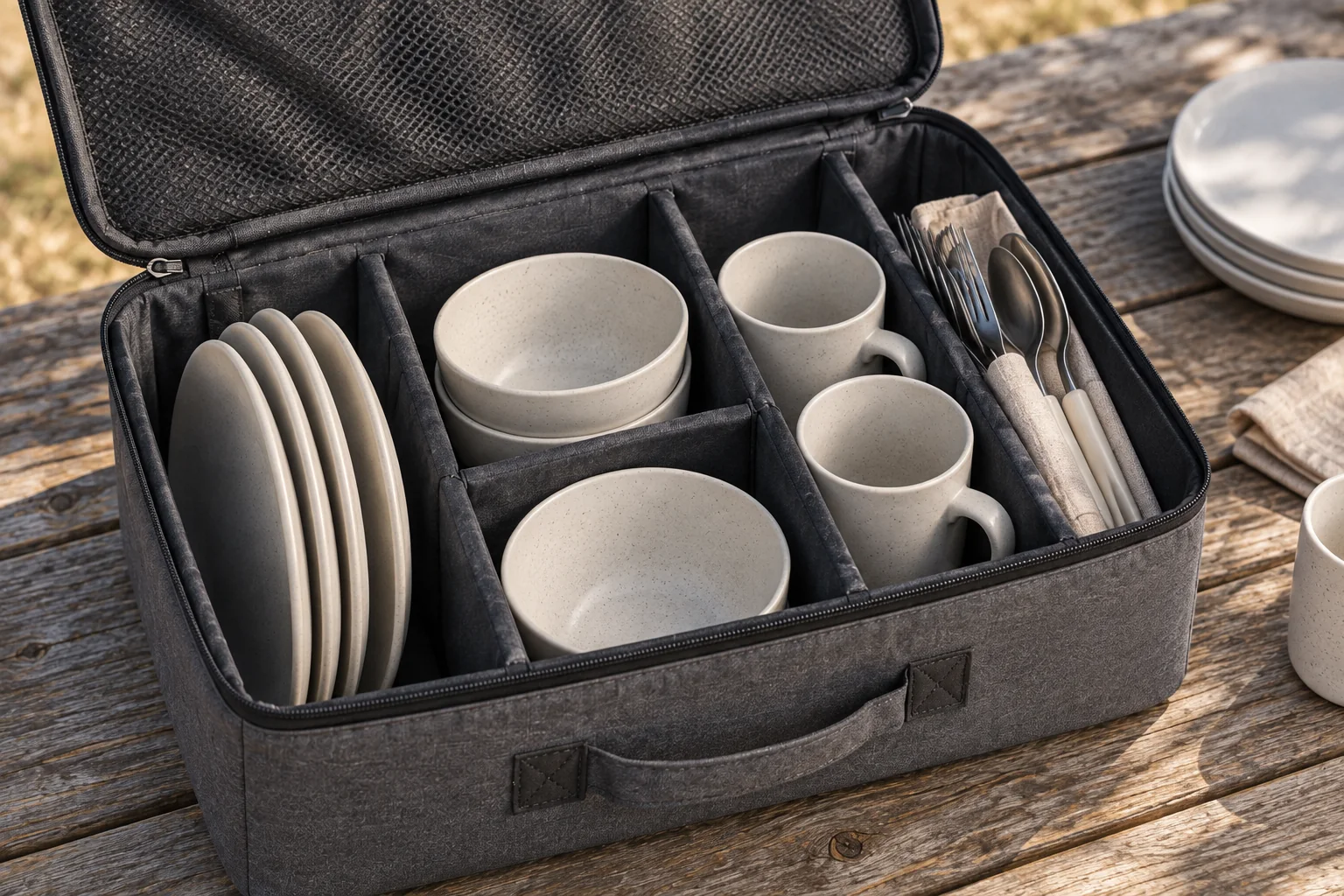 Intermediate compartment placement concept Illustrative close view of separate plate bowl cup and utensil zones in a padded carry case at an intermediate packing stage
