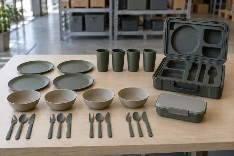 Camping set missing piece control review with four plates bowls cups utensil groups and an empty molded case position