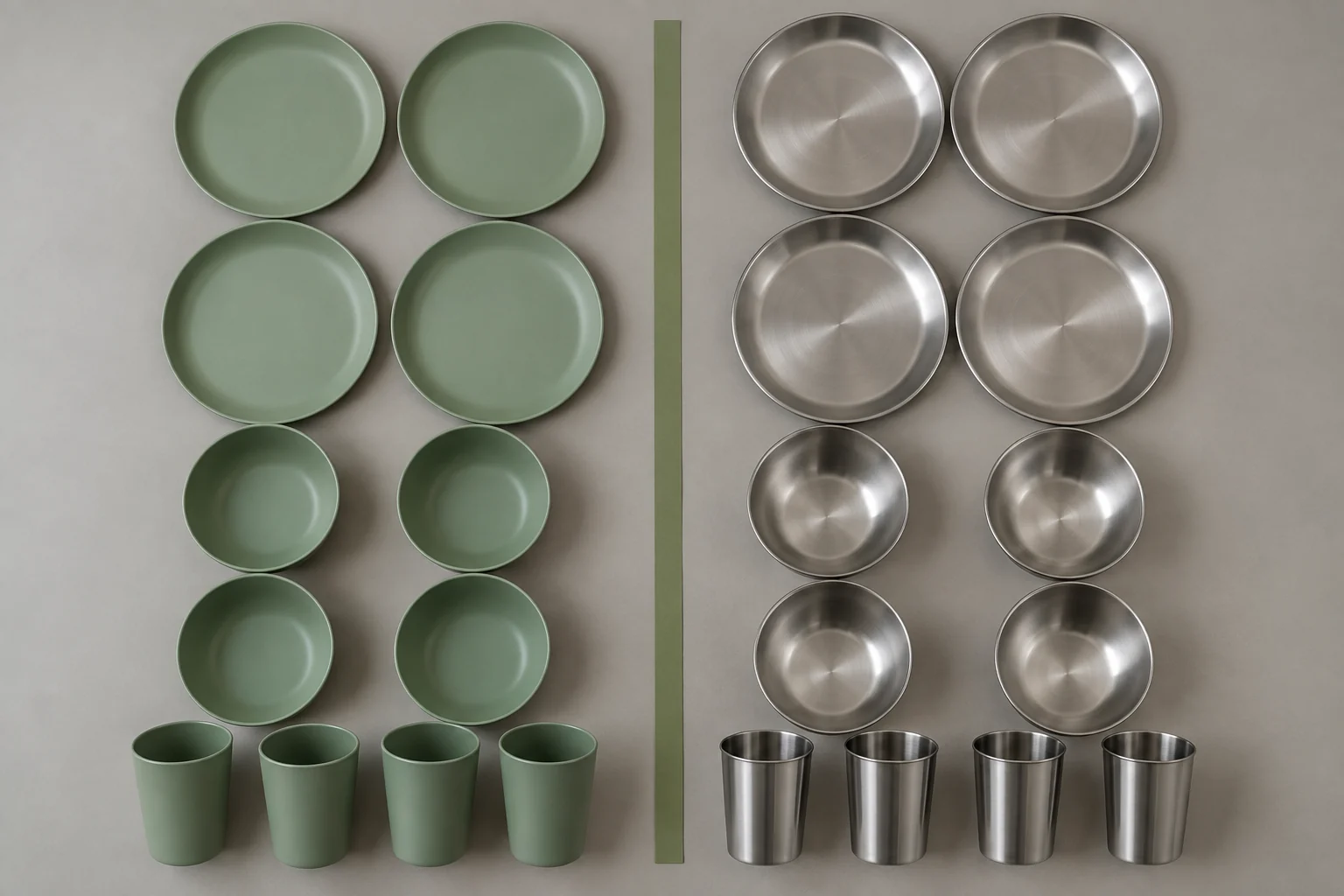 PP and Stainless Component Parity Equal PP and stainless steel camping dinnerware components arranged for buyer review