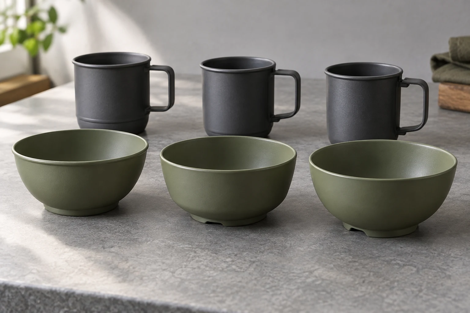 Camping dinnerware bowls and cups with different rim foot and handle details for replacement identity review