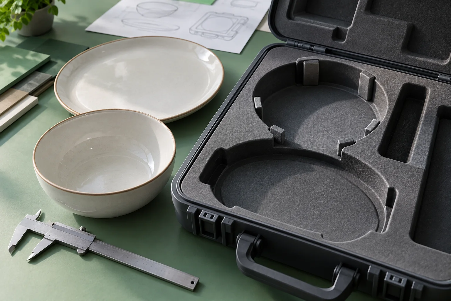 Close review of plate and bowl fit against a carry-case insert with visible retention and clearance interfaces