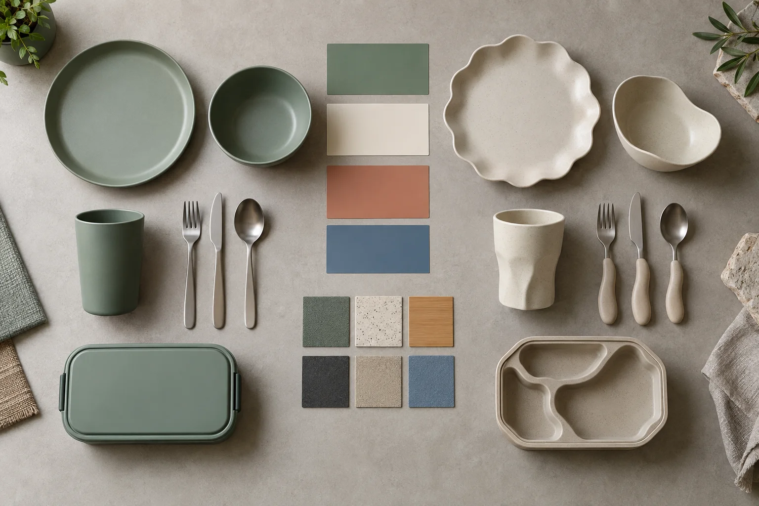 Top-down comparison of existing round dinnerware components and proposed new shapes with blank decision cards and material swatches