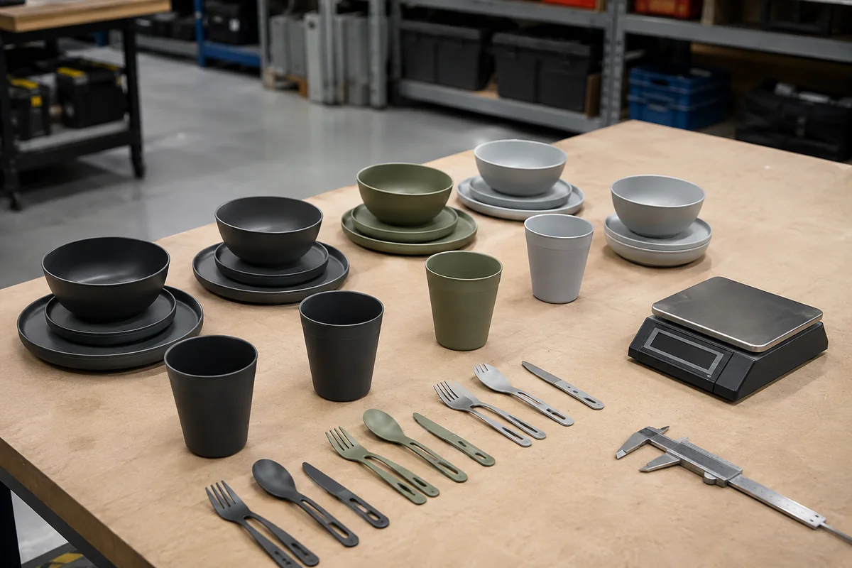 Camping Tableware Component Weight Review Camping tableware component mass and geometry review on a warehouse sample bench