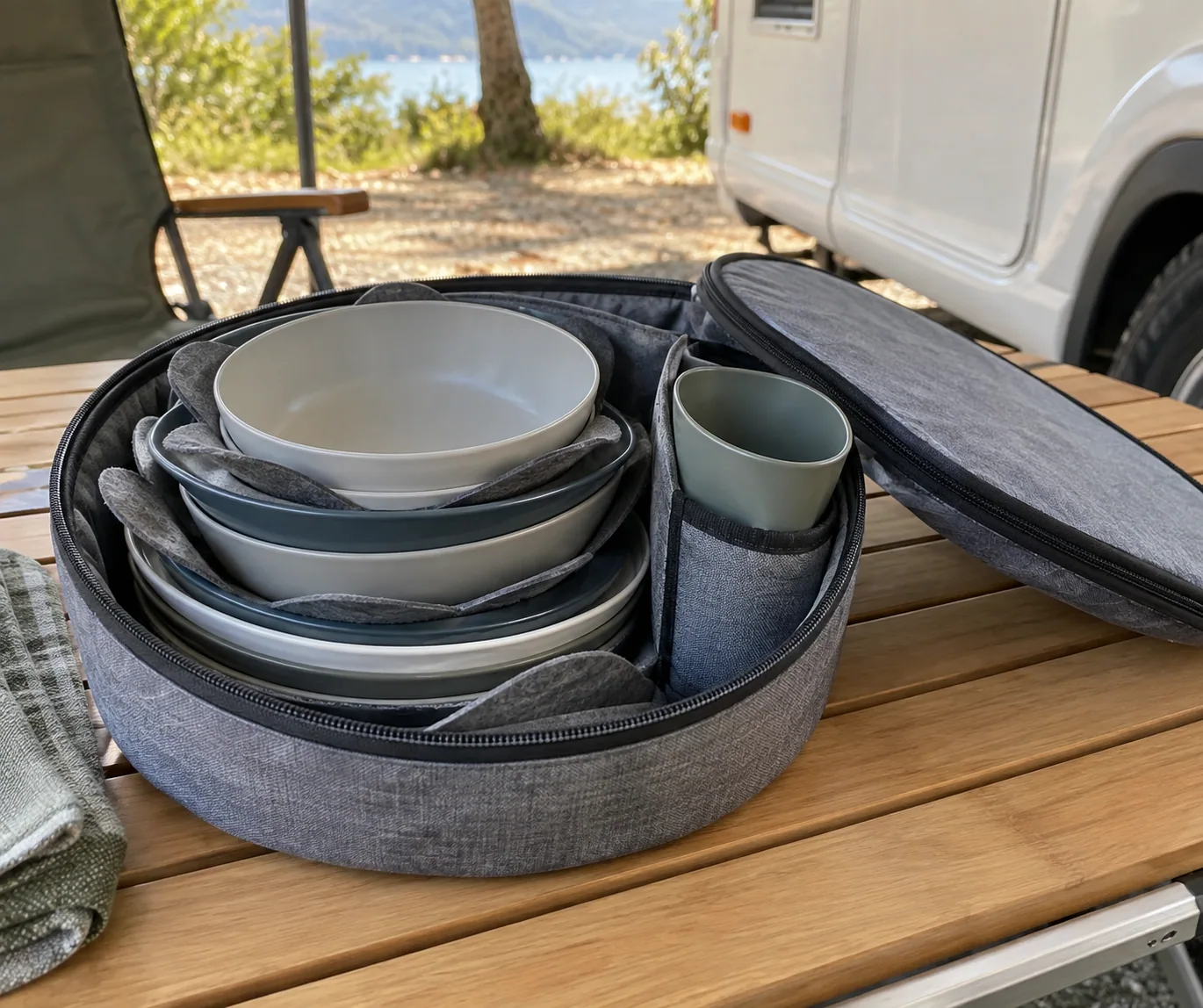 Nested Dinnerware Contact Separator Review Removable separators between nested camping plates and bowls in a carry case