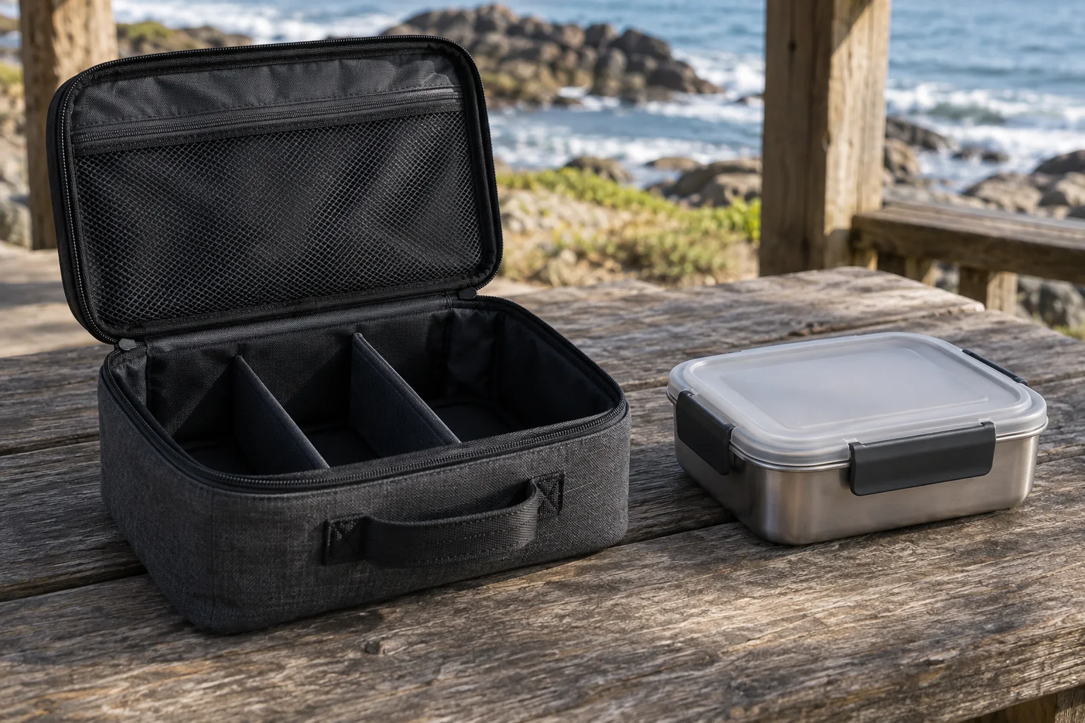 Carry-case opening and lunch-container interface review Empty fabric dinnerware case and closed lunch container side by side at coastal shelter for case-opening and lid-clearance review