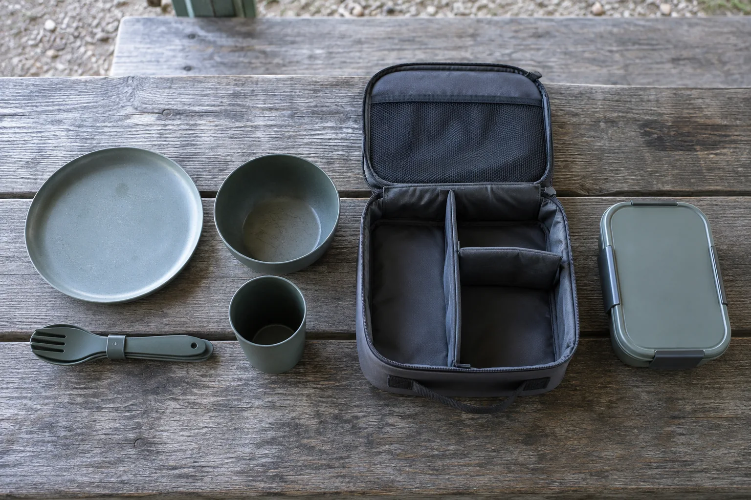 Concept modular camping dinnerware set showing core plate, bowl, cup and cutlery beside an optional lidded container