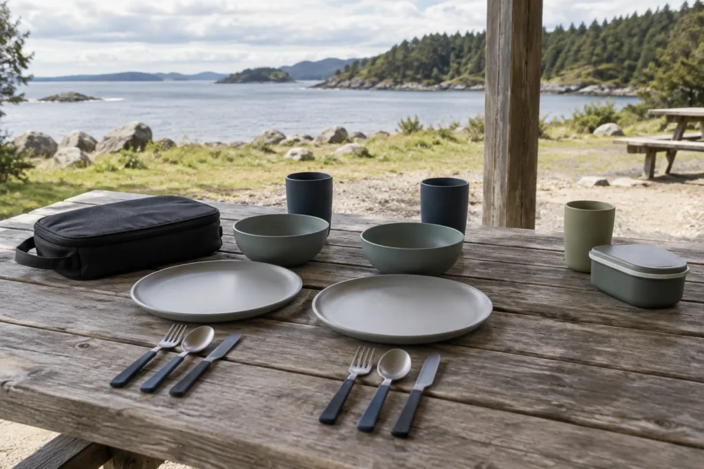 Concept camping dinnerware core set with plates bowls cups cutlery carry sleeve and separate optional food container at a coastal picnic shelter