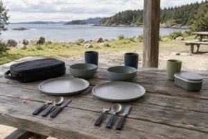 Concept camping dinnerware core set with plates bowls cups cutlery carry sleeve and separate optional food container at a coastal picnic shelter