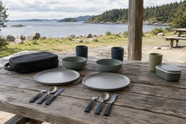 Concept camping dinnerware core set with plates bowls cups cutlery carry sleeve and separate optional food container at a coastal picnic shelter