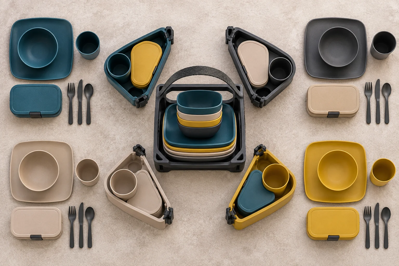 Corner-Pod Dinnerware Configuration Four removable place-setting pods arranged around a central dinnerware stack