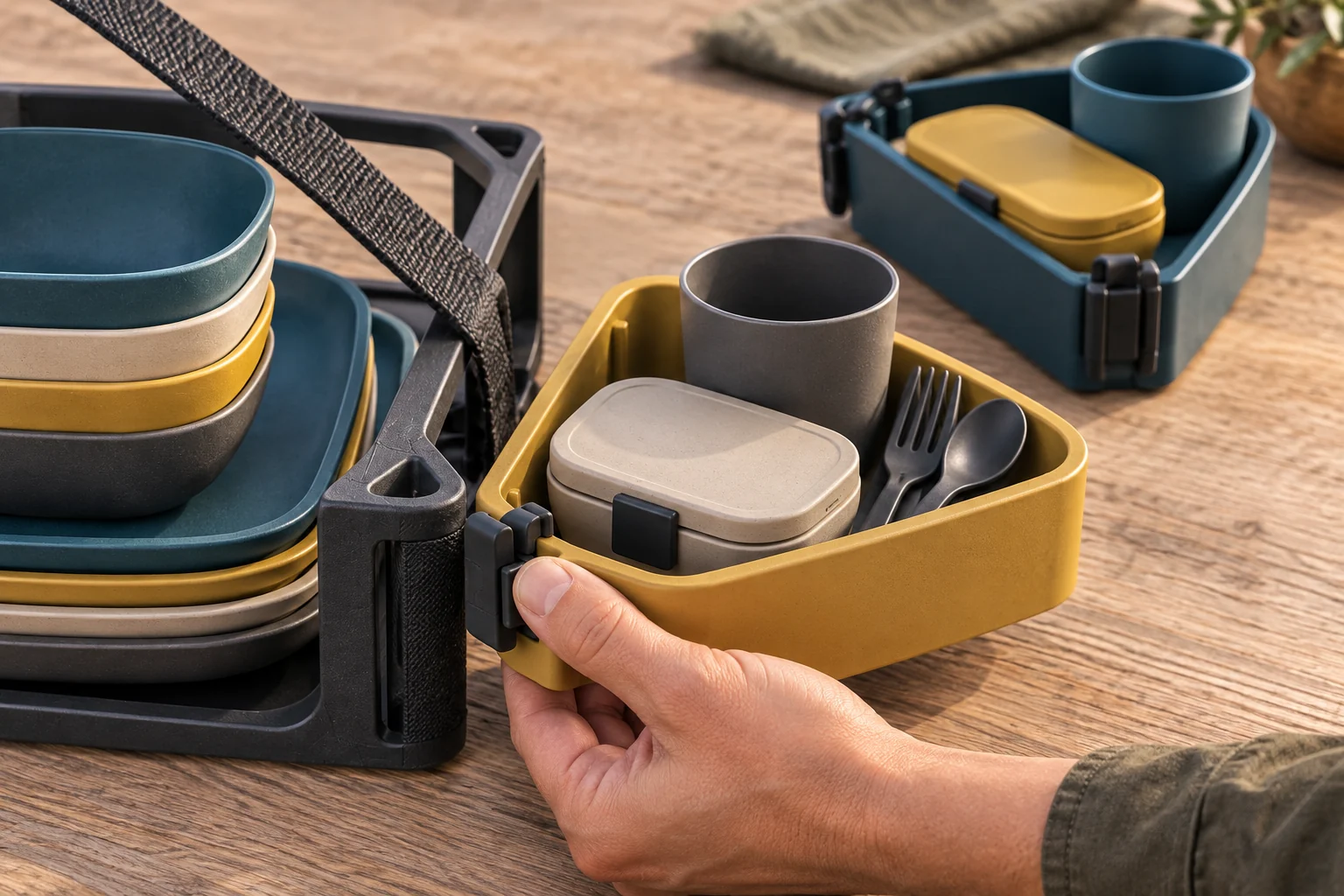 Corner-Pod Connection Detail Hand connecting a removable corner pod to the central dinnerware carrier