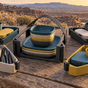 Complete corner-pod camping dinnerware set arranged on a high-desert outdoor table