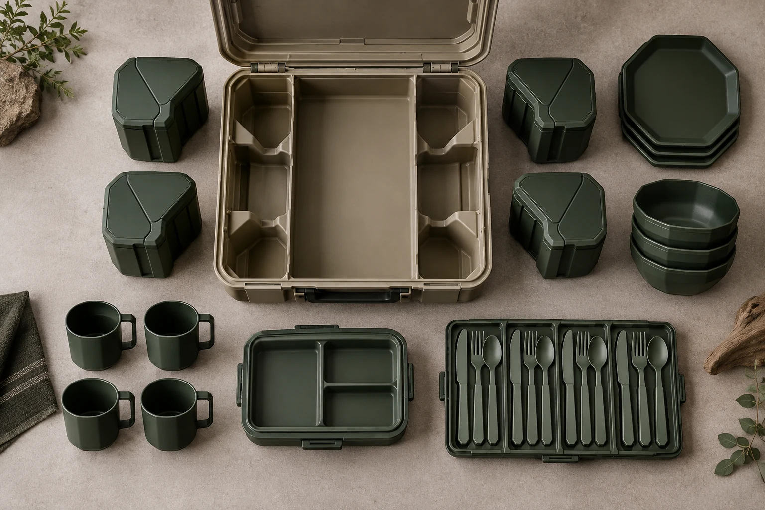 Corner-tower dinnerware reference configuration Overhead corner-tower camping dinnerware configuration with hard case four removable pods plates bowls cups lunch box and cutlery cassette