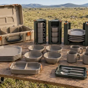 Complete corner-tower camping dinnerware set with sand hard case removable green pods octagonal plates bowls cups lunch box and cutlery cassette on open grassland