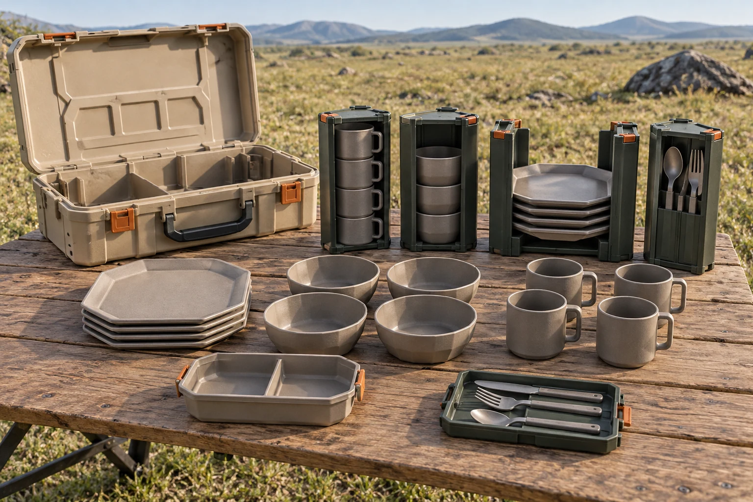 Complete corner-tower camping dinnerware set with sand hard case removable green pods octagonal plates bowls cups lunch box and cutlery cassette on open grassland