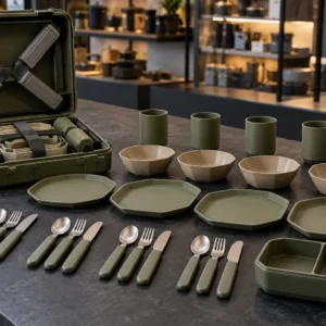 cross-latch camping dinnerware set with open case hexagonal plates tapered bowls cups lunch box and cutlery at a lakeside shelter